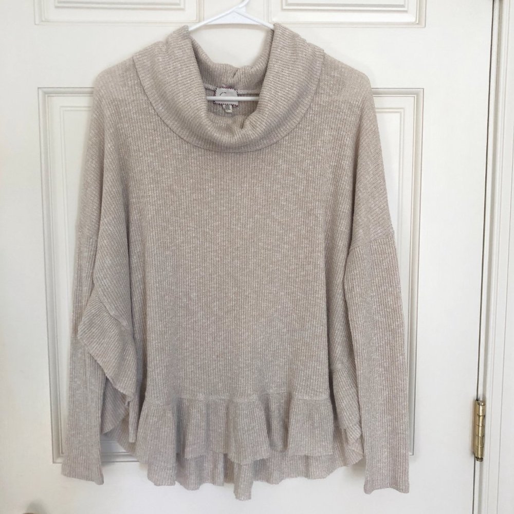 Anthropologie Women's Sweater, Size XS, Tan, Gold Metallic threads - Picture 2 of 8